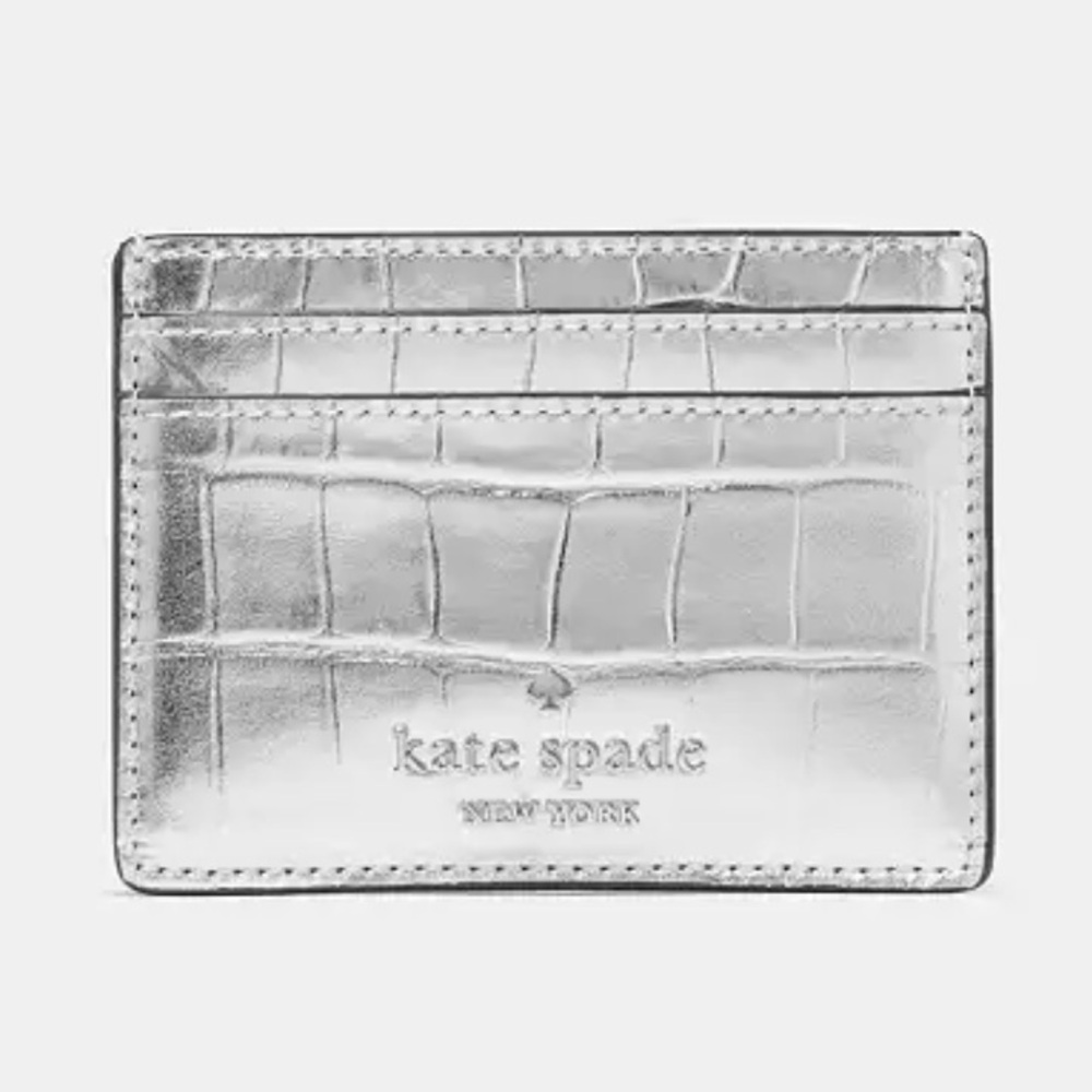 ♠️ Kate Spade Madison Croc Embossed Mini Crossbody & Slim Card Holder Silver NWT - Picture 11 of 17